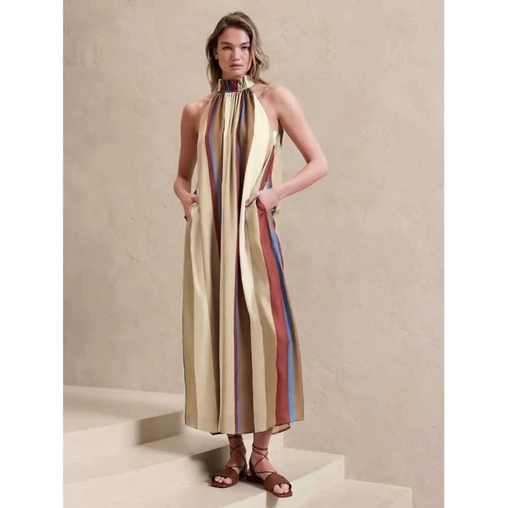 Banana Republic Womens XL Multi Color Striped Halter Neck Flowy Maxi Dress